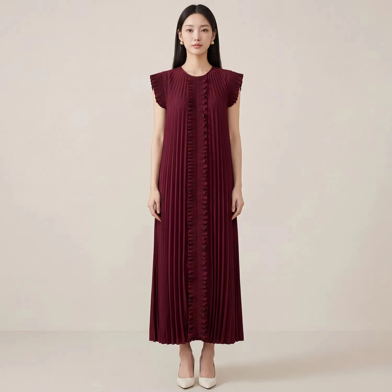 

Miyake Pleated Long Dress | Elegant Wide Pleats Sleeveless Dress for Daily & Party Wear | High End Casual Women's Dress