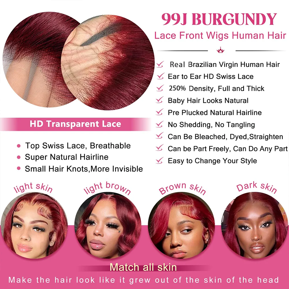 250% Density 99j Human Hair Wig 34 Inch Burgundy 13x4 HD Lace Frontal Body Wave Human Hair Wigs Real Brazilian Human Hair image 4