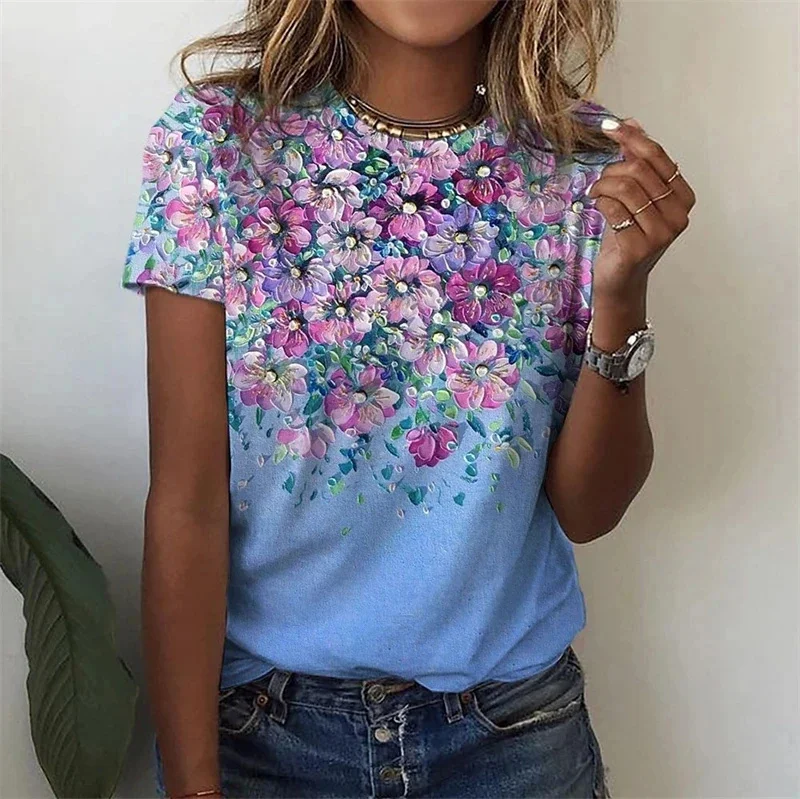 

3D Print Flower Pattern T Shirt For Women Summer Round Neck Short Sleeves Tees Girls Casual Floral Pattern T-shirt Streetwear