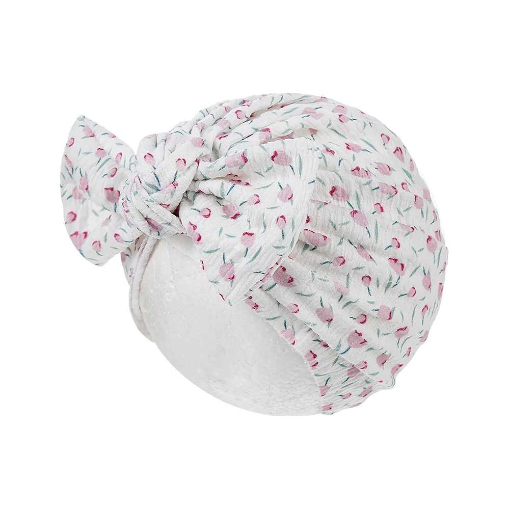 Winkle Bow Baby Turban Hats Flower Tulip Print Beanies Handmade Topknoted Newborn Boys Girls Caps Headwraps Kids Headwear