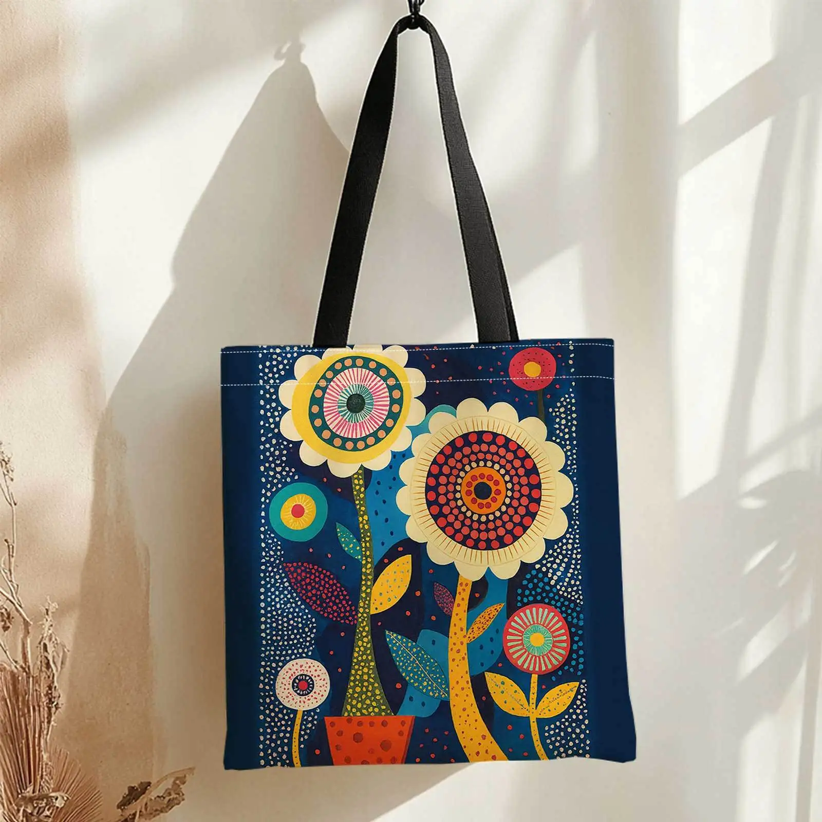 1pc Shopping Tote Bag Colorful Abstract Flowers Patterns Foldable Reusable Shoulder Storage Bag for Travel Camping Daily Use