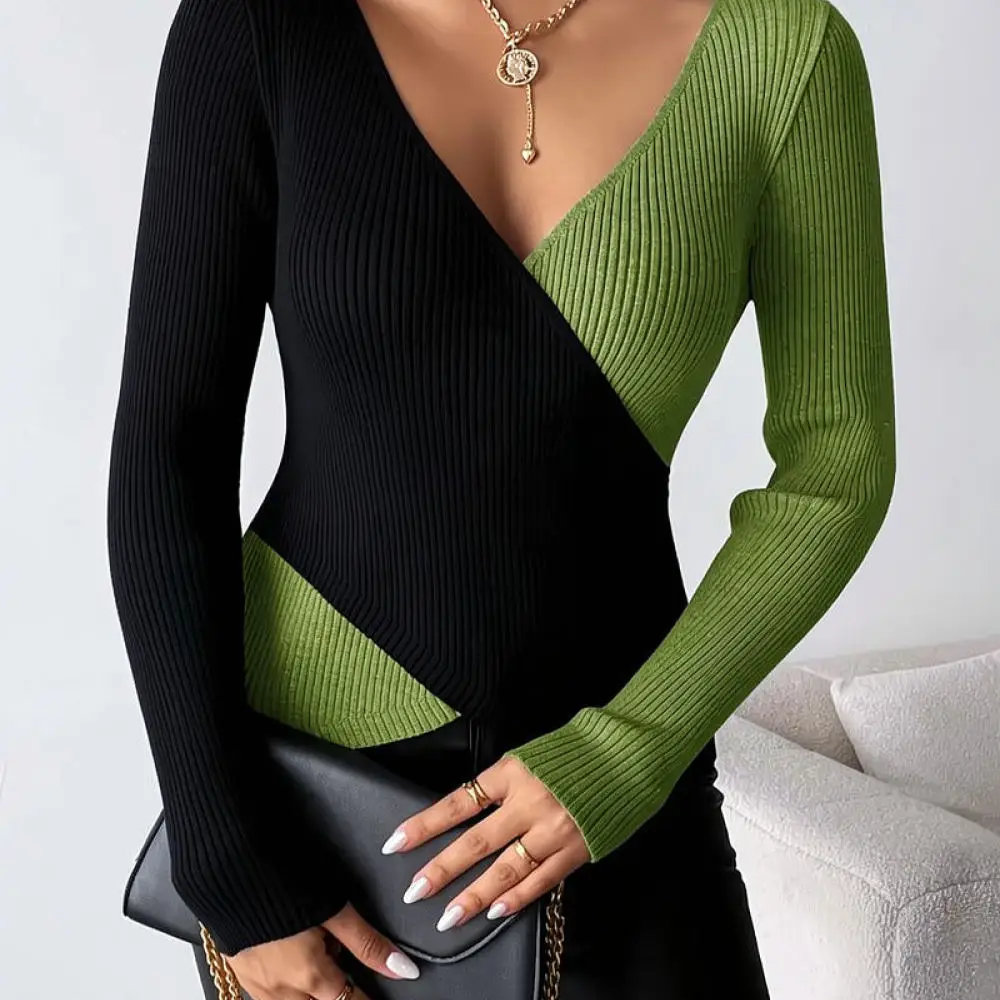 Spring Trendy Women Long Sleeve T Shirt V Neck Slim Fit Blouse Casual Color Block Pullover Soft Comfortable Daily Top