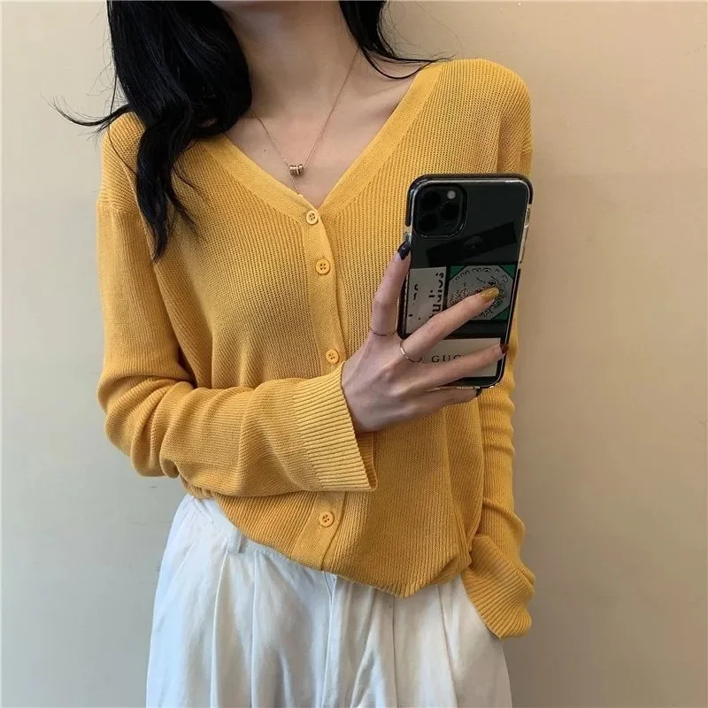 

Women 2026 Cotton Line Long Sleeve V-neck Knitted Cardigan Loose Short Solid Color Simple Tops