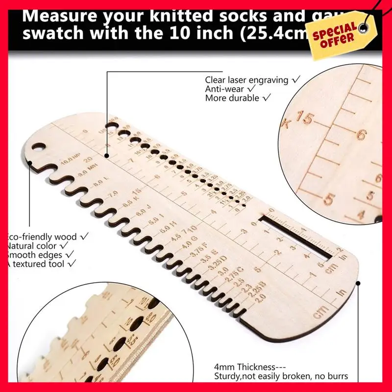 -A25M 2PCS Sok Breien Liniaal Houten Breinaald Maat Gauge Meetinstrument Sok Nauwkeurige Liniaal Breiblokkering Voor DIY Duurzaam