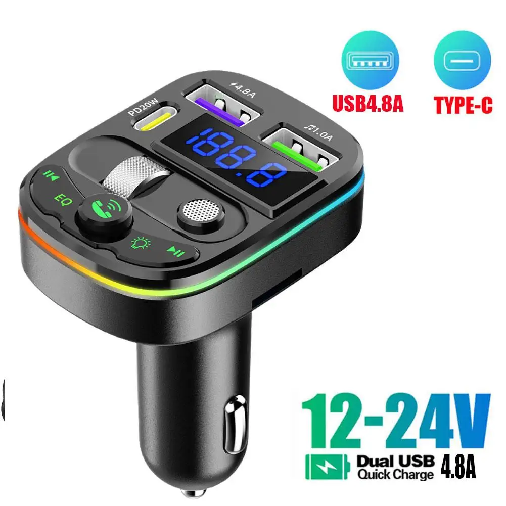 

Hands-free Bluetooth Car Adapter With FM Transmitter USB AUX And MP3 Player For Streaming Music Ambient Light Handsfree MP3 F9I2