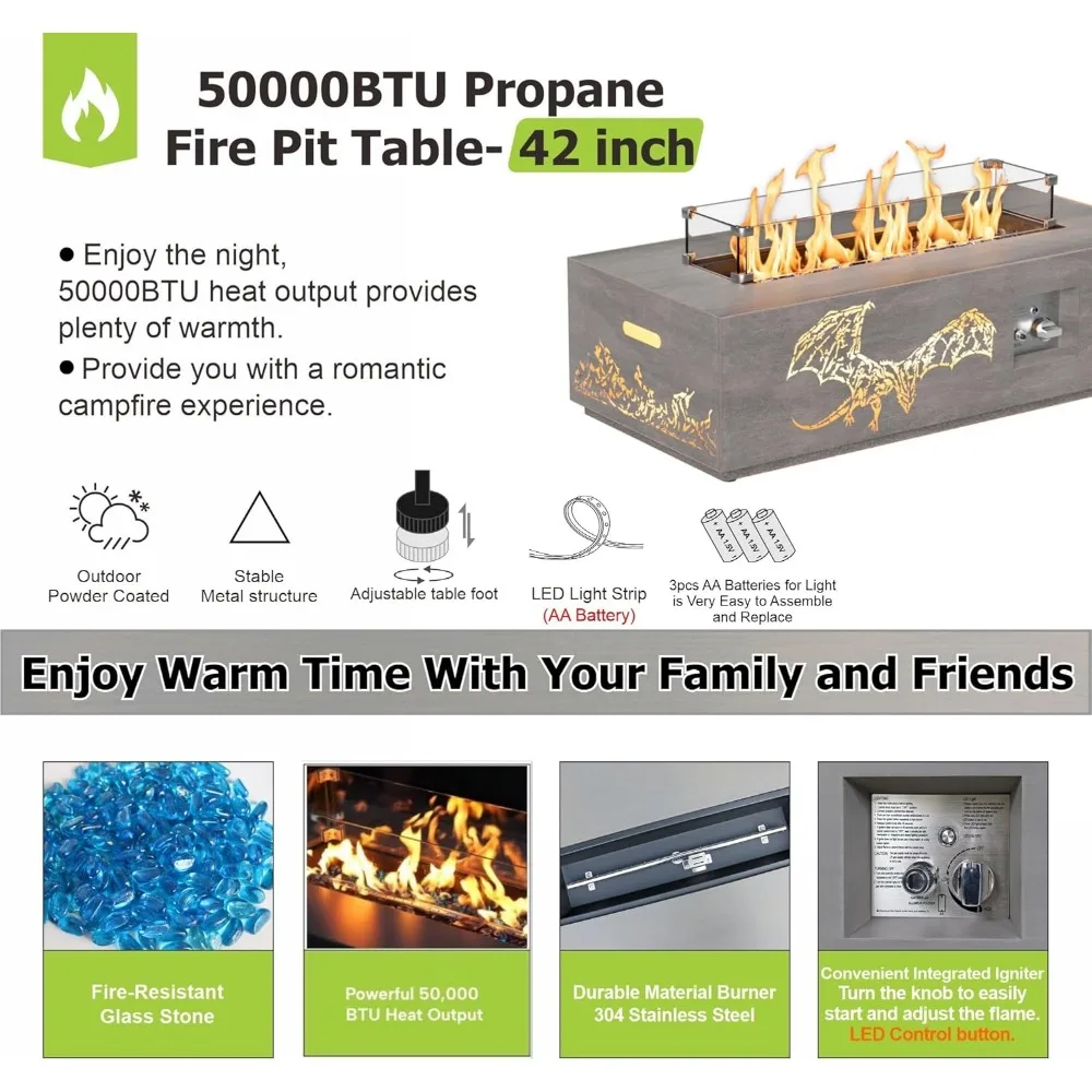 42 tavolo per braciere a propano da esterno illuminato a LED con 50.000 BTU, protezione antivento, coperchio, rocce e copertura per uso nel patio