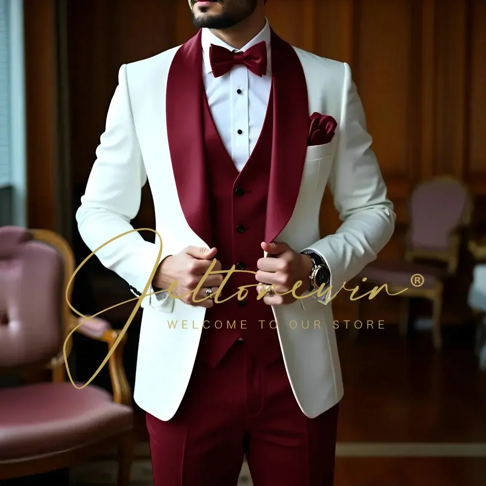 Trajes blancos De 3 piezas para Hombre, chal ajustado con solapa, ropa Formal para padrino De boda, conjuntos con americana, esmoquin para fiesta, Trajes De Hombre