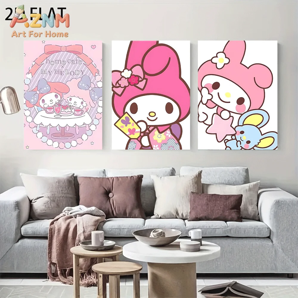 AZNM Sanrio My Melody Canvas Wall Art Unframed Cute Cartoon Cafe Kimono Star Theme Print Painting Girls Bedroom Home Decor Poste