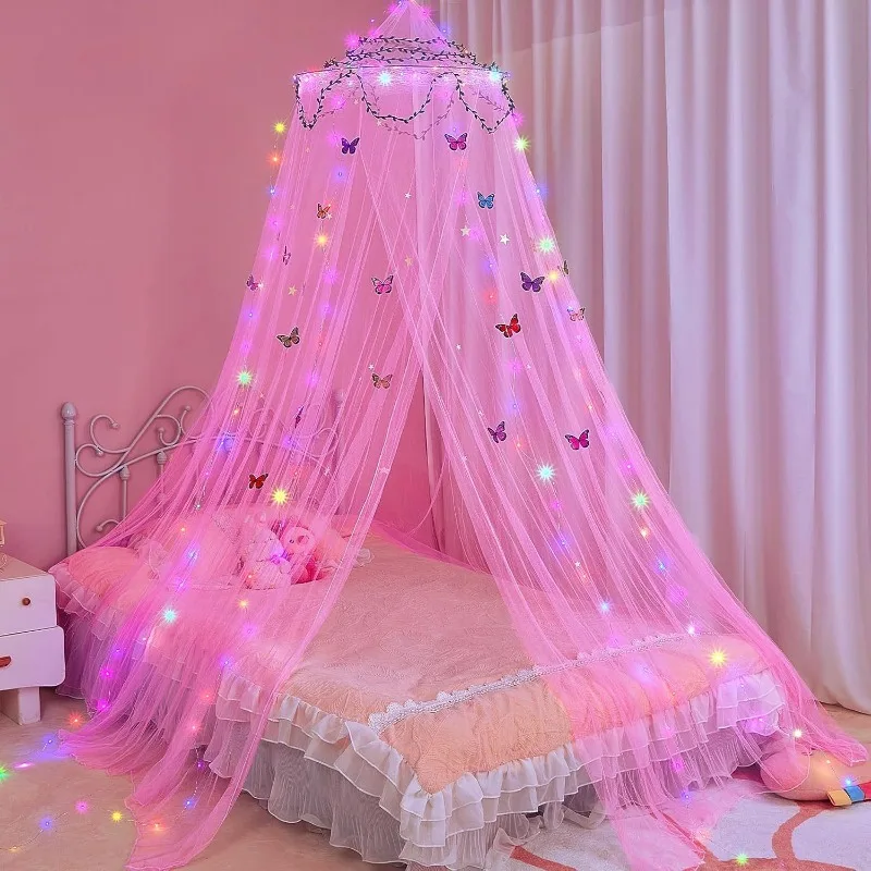 Installation-free dome-style mosquito net (with colorful bed curtain and light strip)