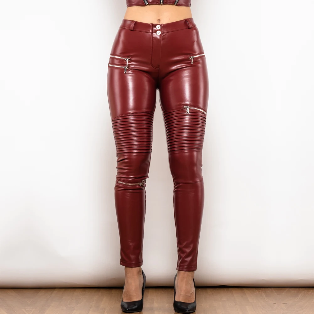 Shascullfites Melody Leather Pants Female Glossy Zipper Folds Hip-lift Leggings Biker Pants Woman Leather Burgundy