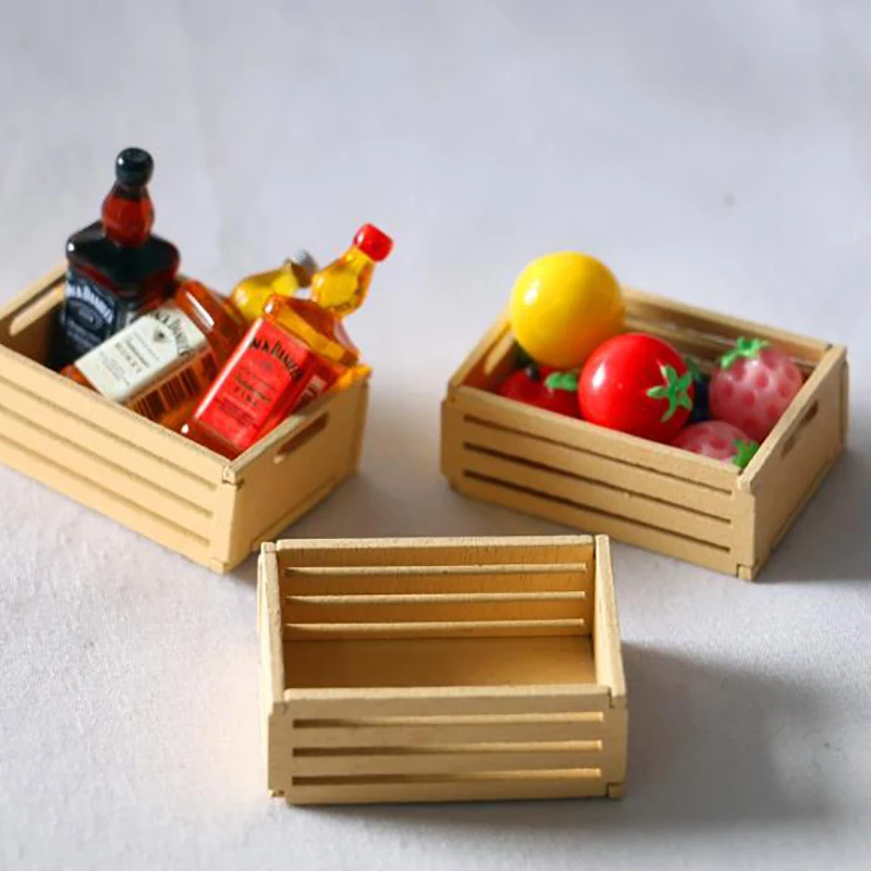 3pcs Dollhouse Miniature Basket Wooden Vegetable Storage Box for 1/12 Scale Doll House Decorations