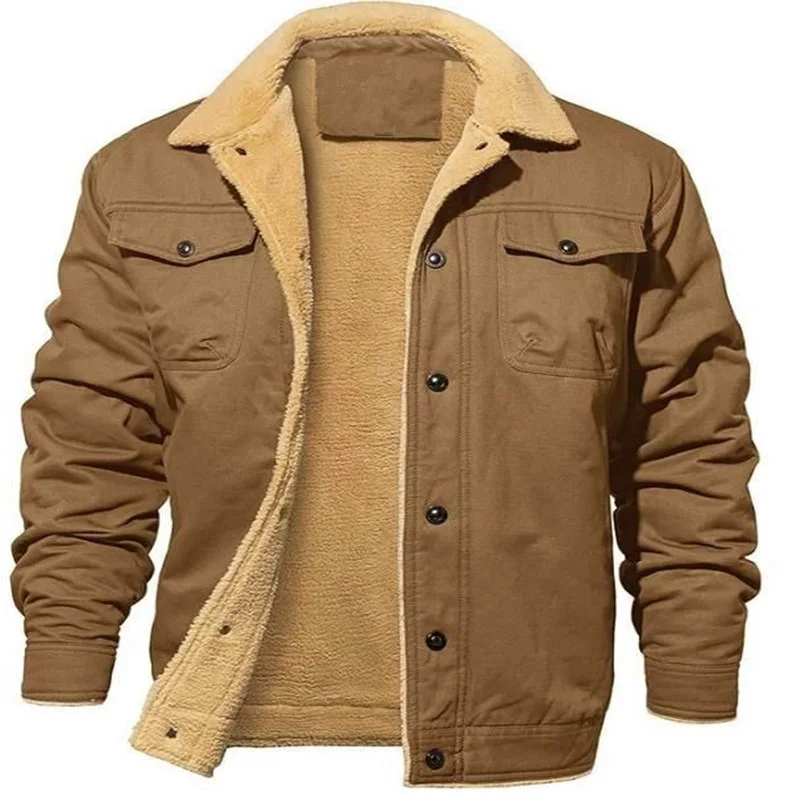 Chaqueta cálida de felpa y solapa con múltiples bolsillos para hombre, chaqueta de trabajo de algodón, chaqueta informal versátil y cómoda para hombre