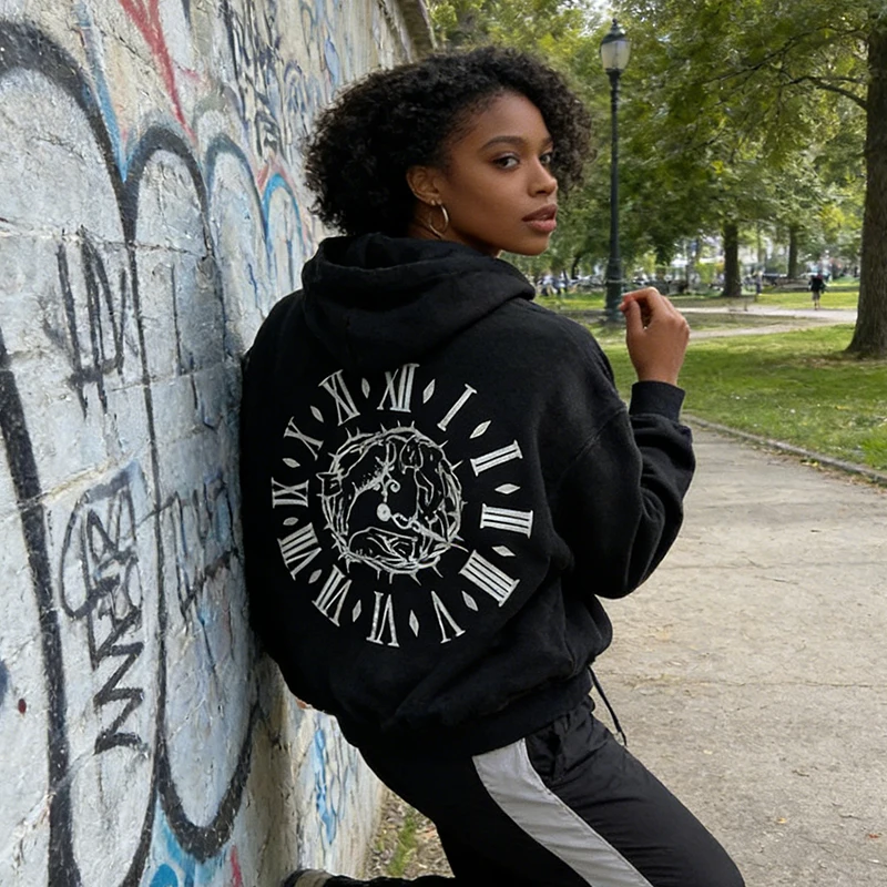 

Креативная толстовка с принтом букв и часов, на молнии, с длинными рукавами, в стиле Y2K, американский весенний повседневный свитер, хип-хоп, панк, уличная одежда