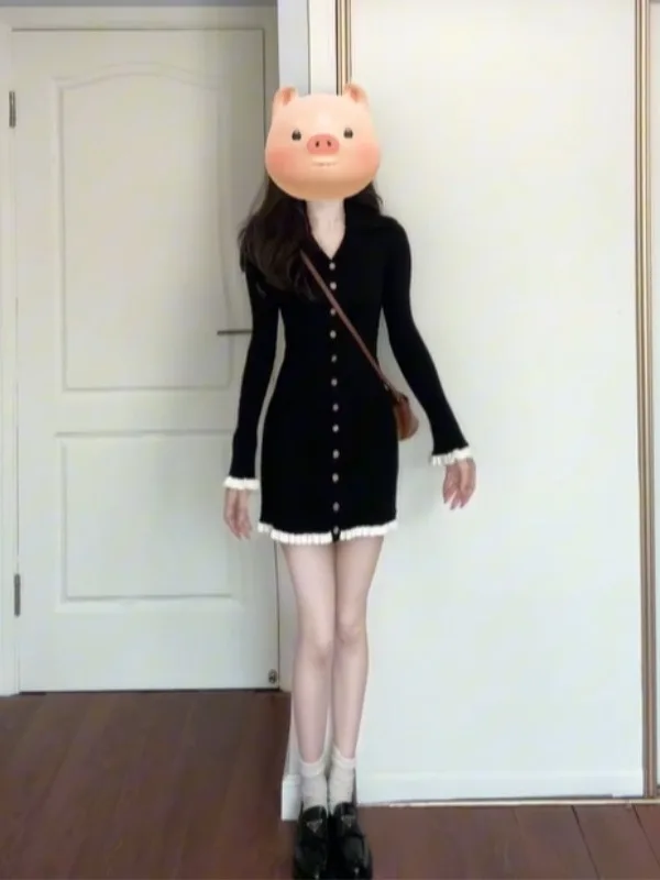 한국 스타일 니트 랩 어라운드 브이넥 슬림핏 드레스 하이 센세이션 겨울 패션 심플 엘레강스 바디콘 드레스