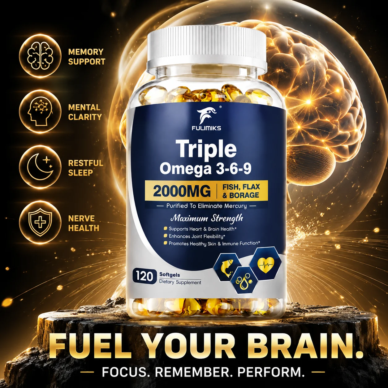 Triple Strength Omega‑3 Fish Oil 3600mg Supplement, Rich in EPA & DHA, Support Cognitive Function Heart Brain Joint & Eye Health