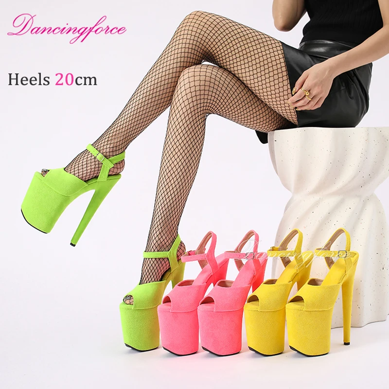 

Сексуальные замшевые туфли ярких цветов 8 дюймов/20 см с открытым носком для танцев на пилоне, женские модели для стриптиза, экзотические сандалии на платформе для ночного клуба