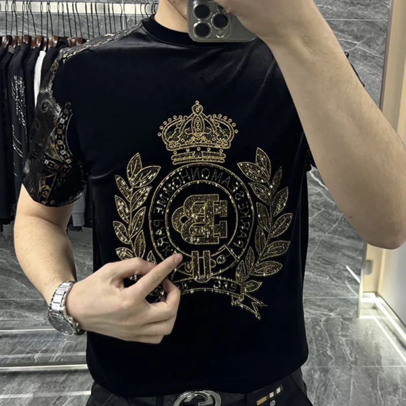 2023 European New Men\'s Luxury Short Sleeve T-shirt Fashion Hot Diamond Personalized Flower Casual Round Neck Slim Fit T-shirt