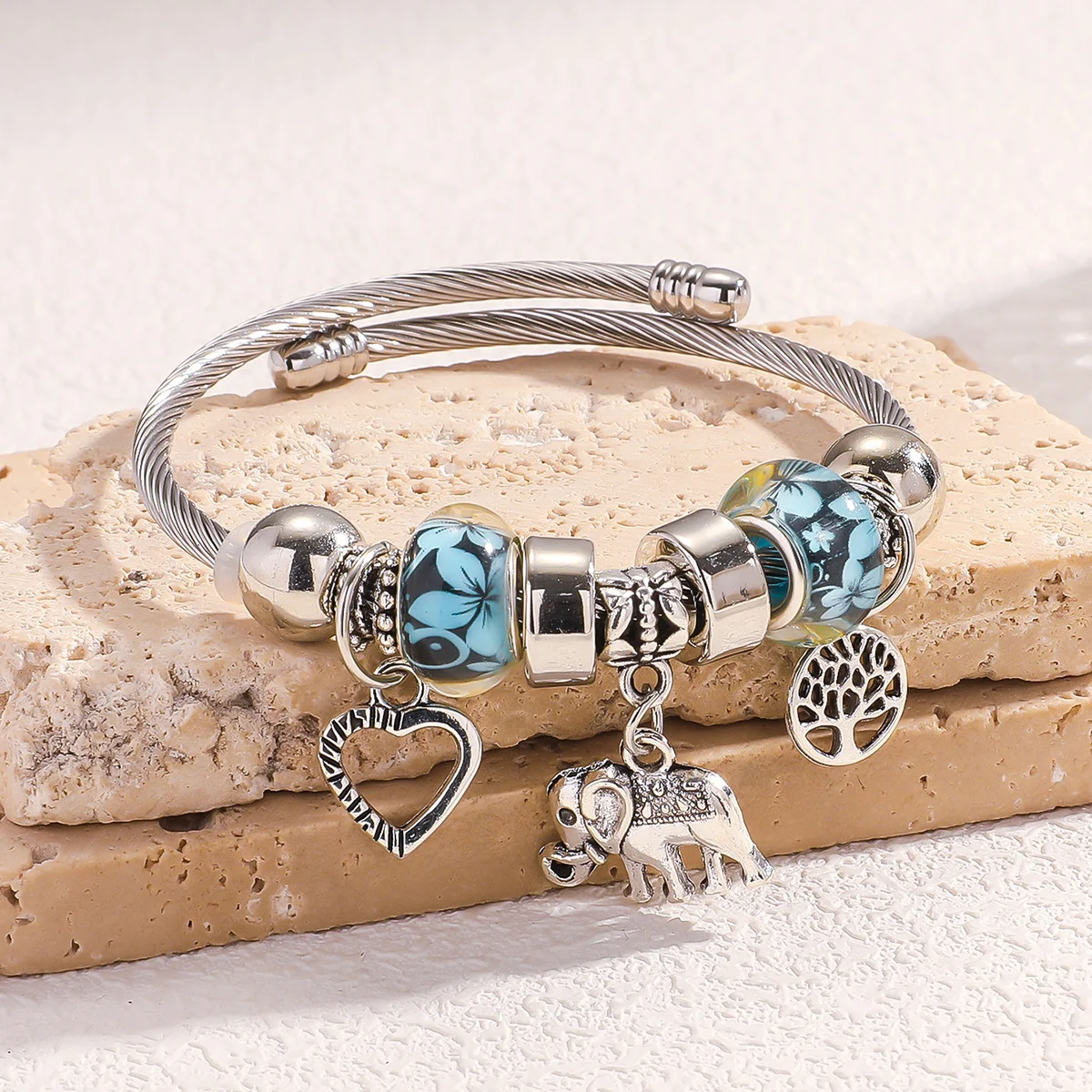 Pulsera Abierta de Cuentas de Cristal con Flor Azul y Colgante de Elefante para Mujer, Joyería de Regalo para Vacaciones de Verano