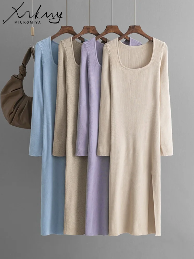 Women Knitted Dress With Side Slit Long Sleeve Solid Elegant Dresses For Ladies Light Blue Big Collar Skinny Long Dresses Autumn