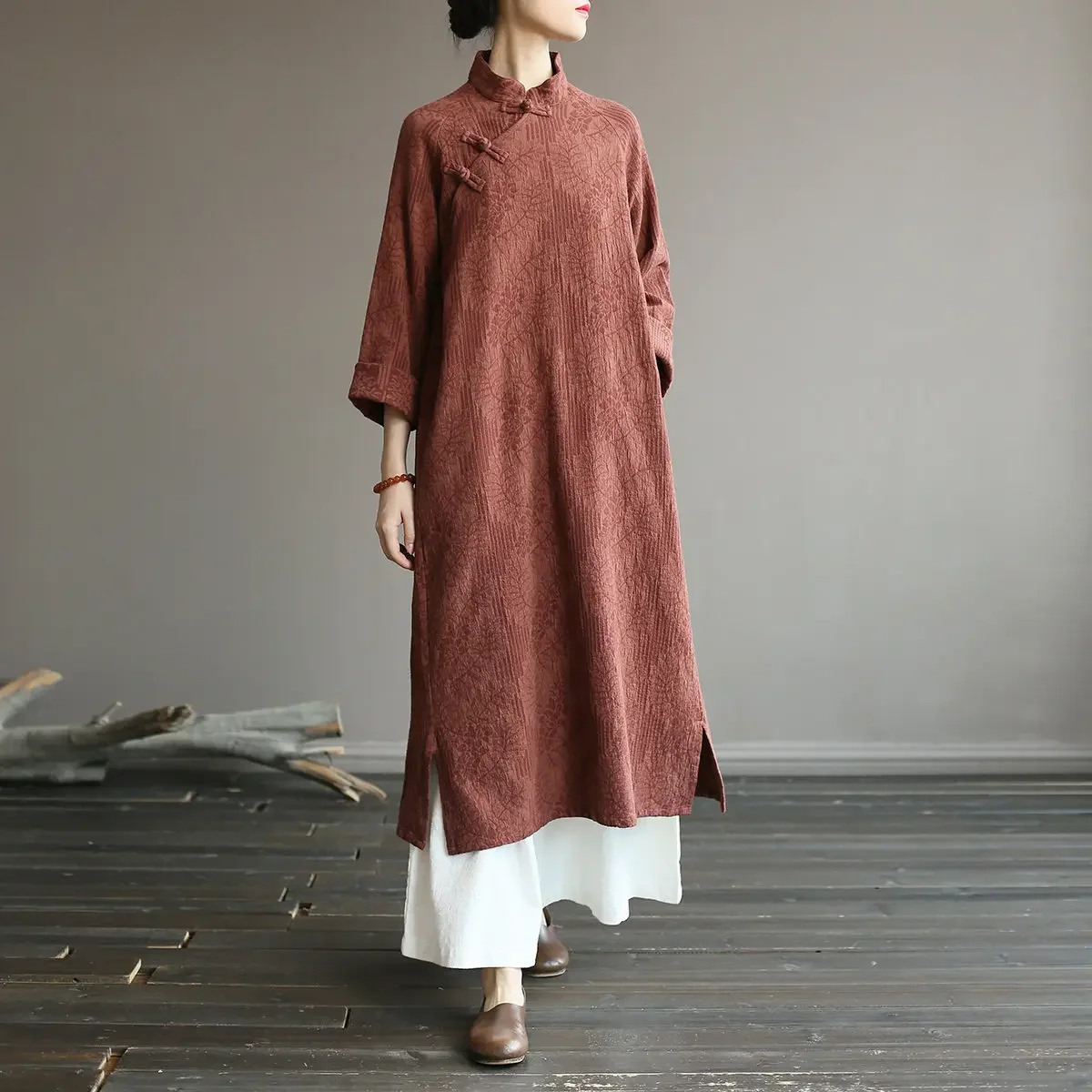 

New 2025 Spring Vintage Plate Buckle Solid Color Cotton Linen Robe Dresses Full Sleeve Stand Collar Women Dresses