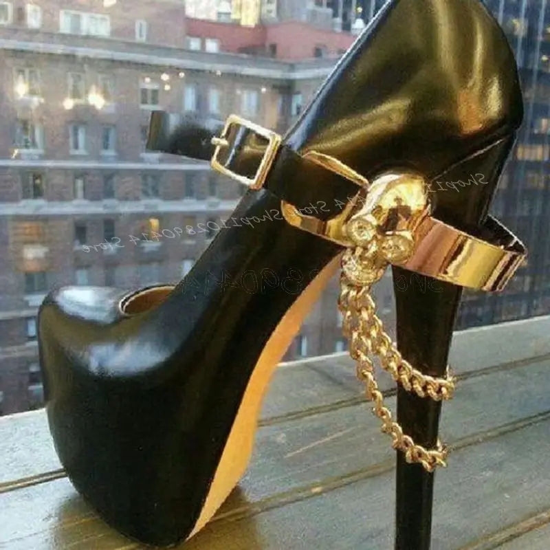 Gold Chain Skull Design Black Platform Pumps Slip On Women Shoes Thin High Heels Round Toe Sexy Party 2026 Zapatos Para Mujere
