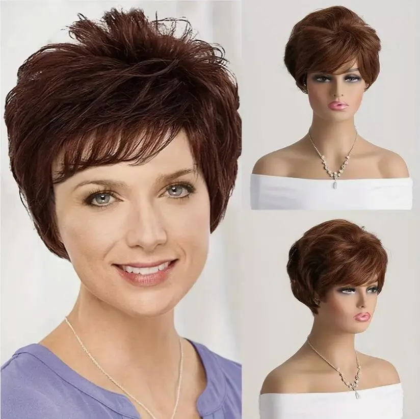 Short Curly Layered Wig With Bangs For Women Ombre Silvery Grey Daily Party Use