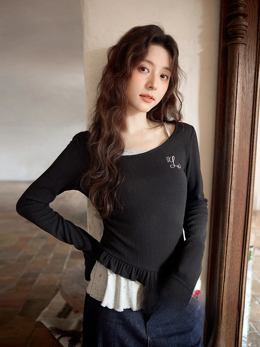 

Футболка Ele ort Splice oulder Bla, облегающая повседневная одежда с высокой талией для женщин, осеннее новое поступление Ximen