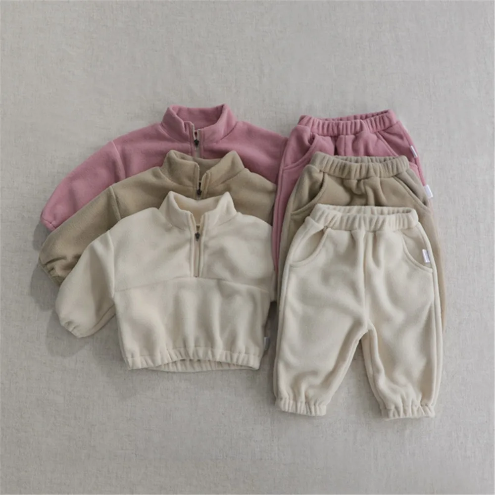 2024 Autumn New Toddler Baby Sports Set Fleece Solid Color Hoodies And Pants 2pcs Warm Suit Infant Outfit Kids Tracksuit