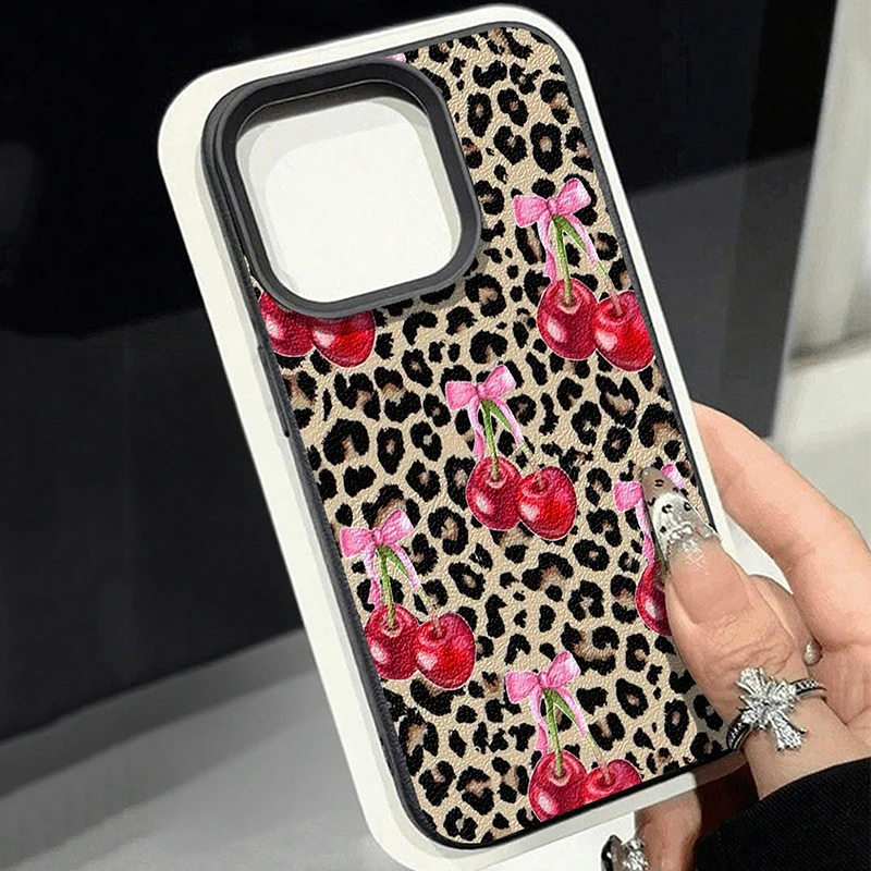 

Cute Vintage Leopard Cherry Bow Lichee Pattern Phone Case For iPhone 17 16 15 14 13 12 11 Pro Max XS X XR 16E 16 Plus Air Cover
