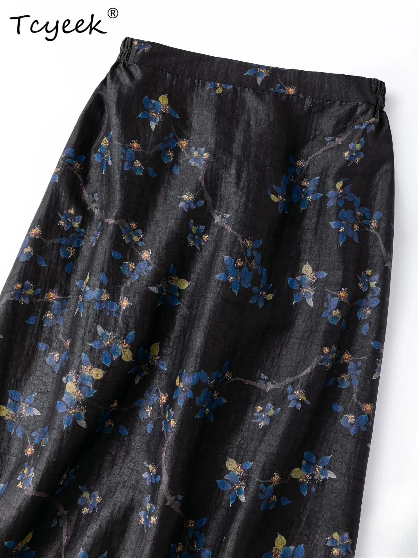 Tcyeek 100% Real Silk Women Long Skirts 2026 Spring Summer Elastic Waist Straight Black Skirt Clothes for Ladies Ropa Para Mujer