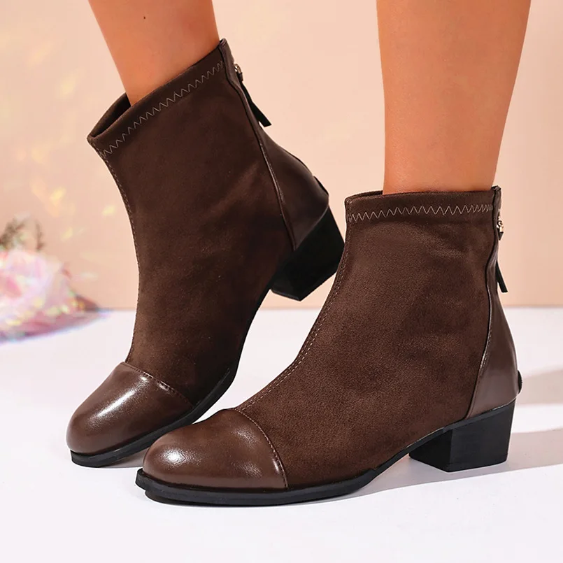 

European and American fashion British style short top autumn new large-sized round toe back zipper thick heel fashion boots