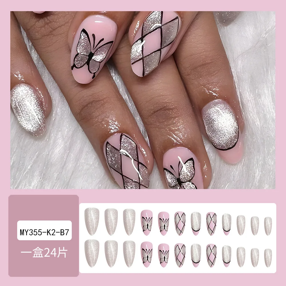 24szt Simple Plaid False Nail Tips Flash Cat's Eye Butterfly Pattern Press On Nails Pink Short Fake Nails For DIY Manicure Art