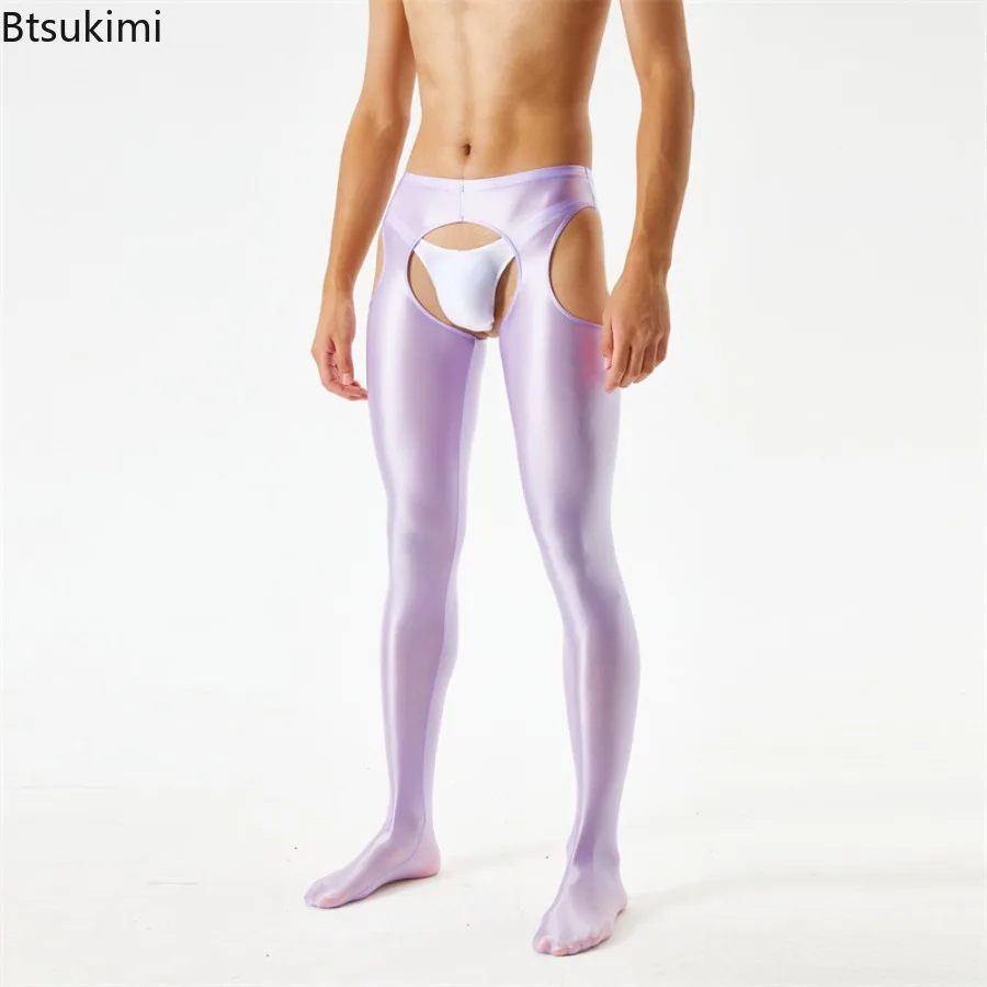 New Men's Shiny Leggings Sexy Underwear Oil Glossy Candy Color Smooth Open Crotch Pantyhose Shaping Tight Hollow Out Pants Homme