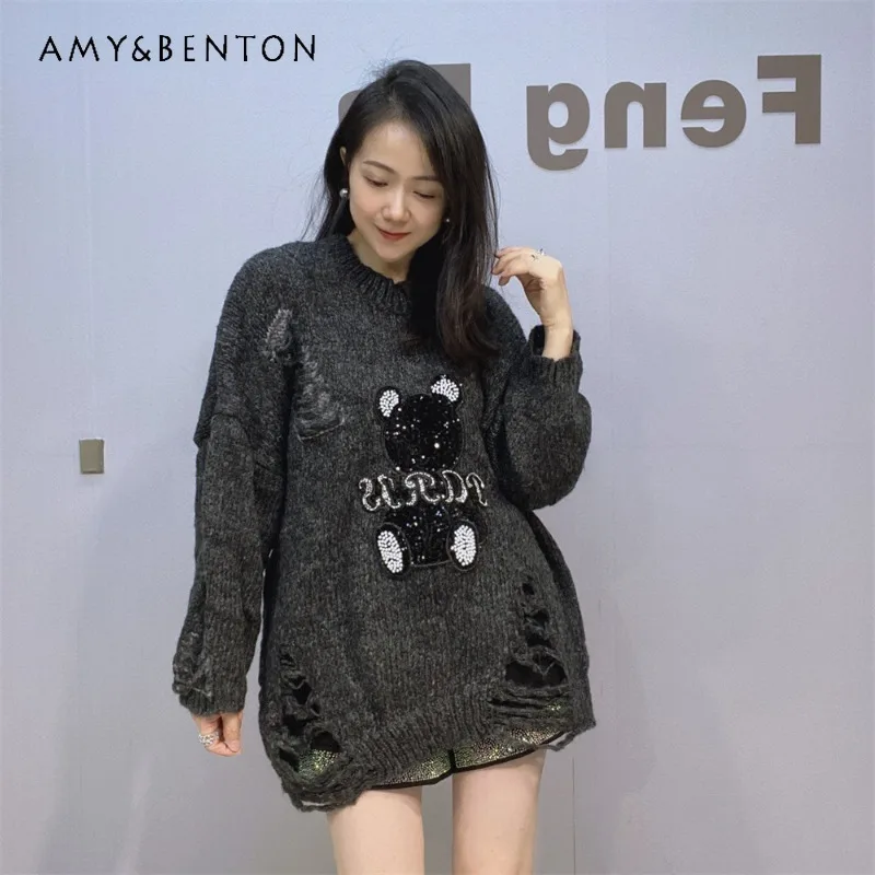 

Hip Hop Winter Vintage Crew Neck Knitted Sweater New European Style Beautiful Cartoon Ripped Loose Mohair Knitwear Top For Women