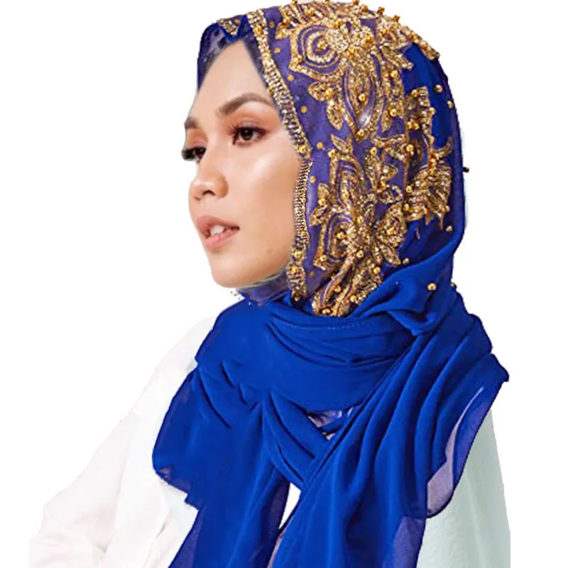 

Premium Chiffon Hijabs Scarf Shimmer Gold Glitters Beads Hijab for Muslim Woman Head Scarf Shawl Wrap Lightweight