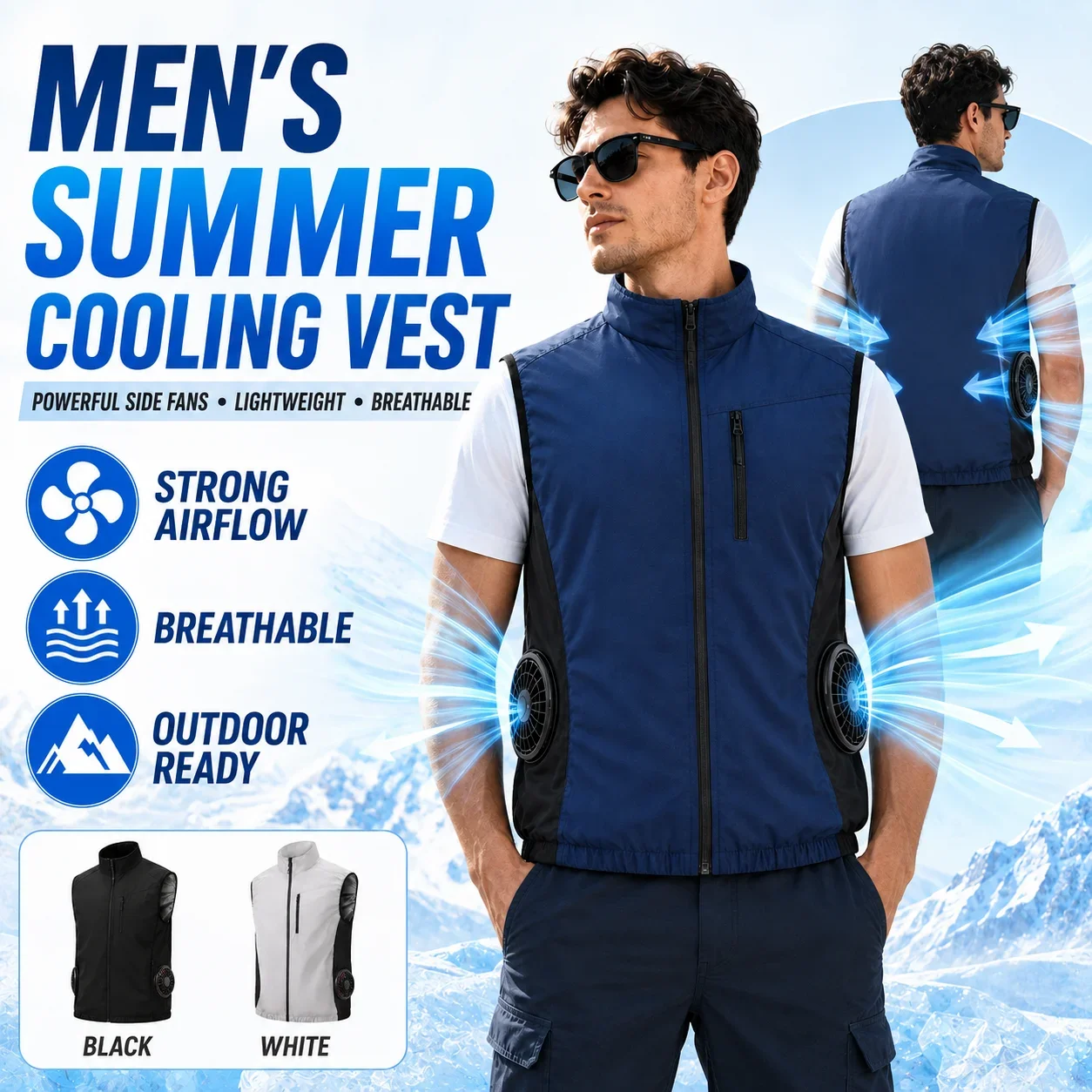Men's Powerful Side-Fan Cooling Vest Lightweight Breathable Summer Workwear for Fishing Hiking Construction Outdoor Activities