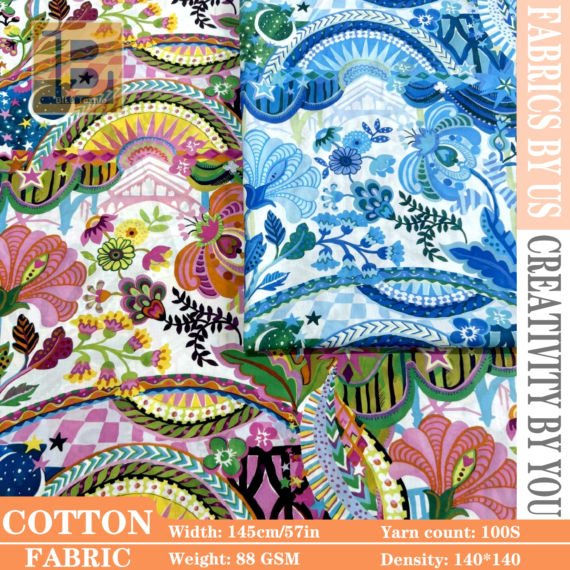 

Cotton Print Fabric - 100s Long Staple - For Dressmaking, Quilting & Sewing (per Meter)