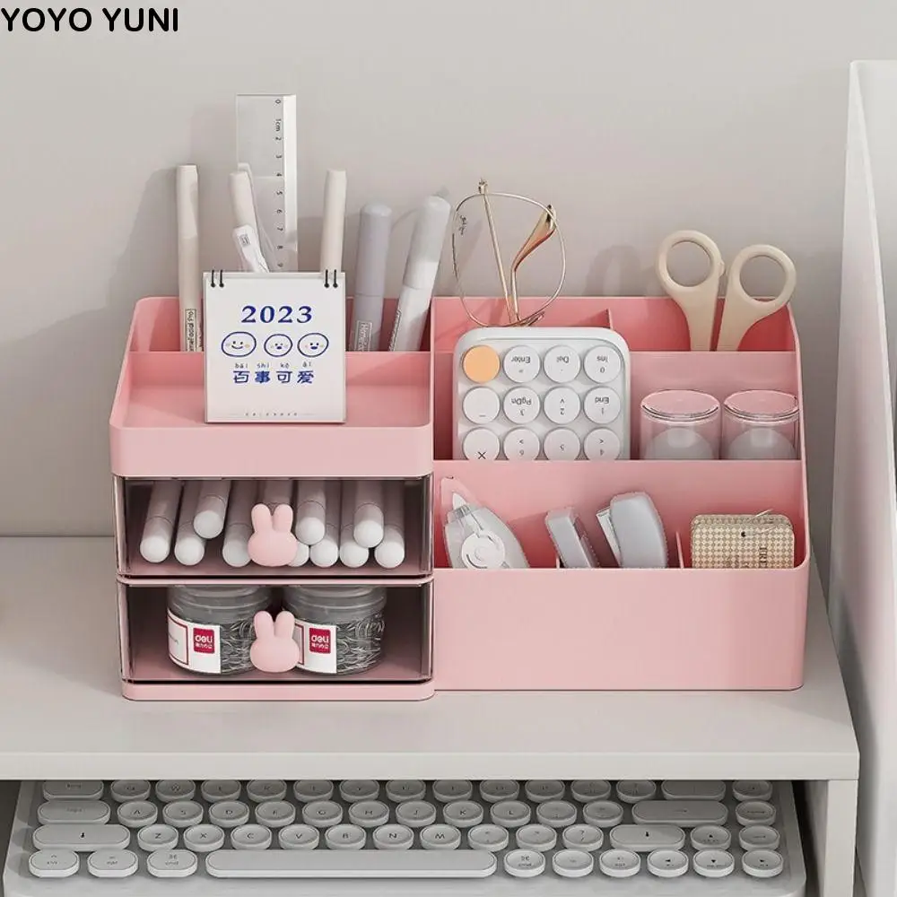 

10 Compartments Desktop Stationery Storage Box 2 Drawers Cute Bunny Cosmetic Drawer Organizer Large Capacity Decorative