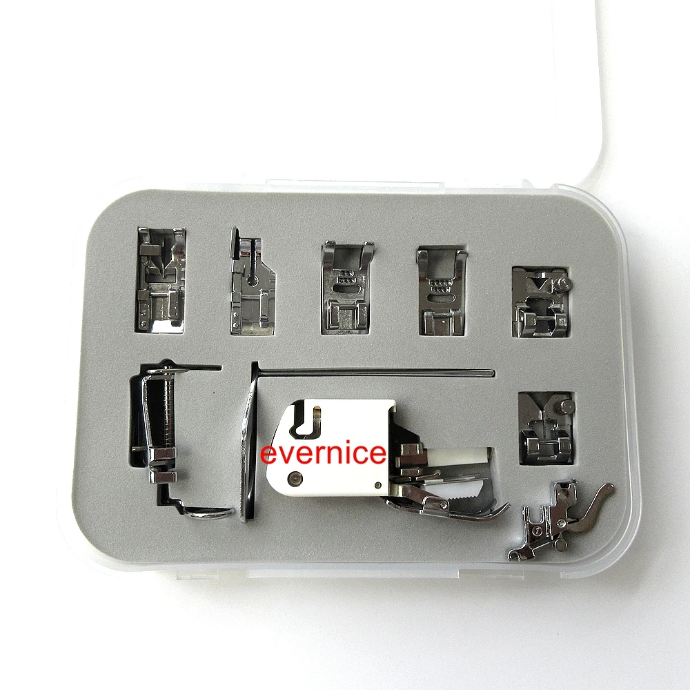 

10 Presser Feet & Plastic Box For Elna 1010,2110,520 eXperience,6000,8000,Lotus+
