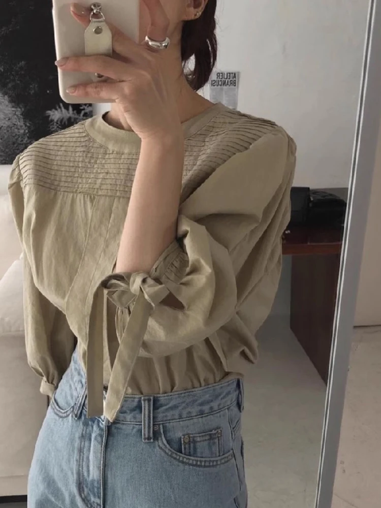 Pleated Woman Shirts & Blouses Loose Casual Blusas Mujer 2024 Autumn Ropa Lace-up Bow Long Sleeve Camisas Temperament Blusa