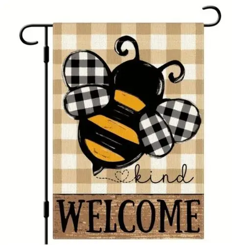 Garden Flag 12x18in Bee Kind Welcome Double Sided Buffalo Plaid Brown NEW WWL UUN