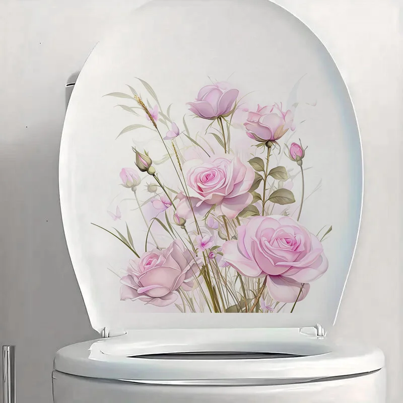 C1286# Abstract Pink Roses  Toilet Stickers, Bedroom Entryway Living Room Porch Home Decoration Wall Stickers, Removable Sticker