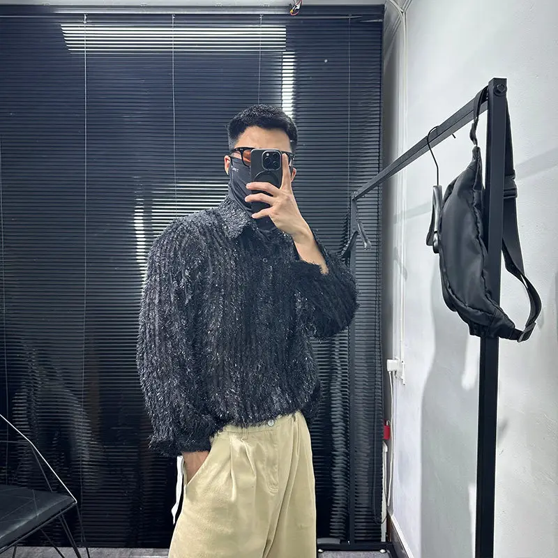 Black Long-Sleeved Shirt Men's Fringed Burr Design High Sense Openwork Blouse Fashion Ruan Shuai Loose Personality Trendy