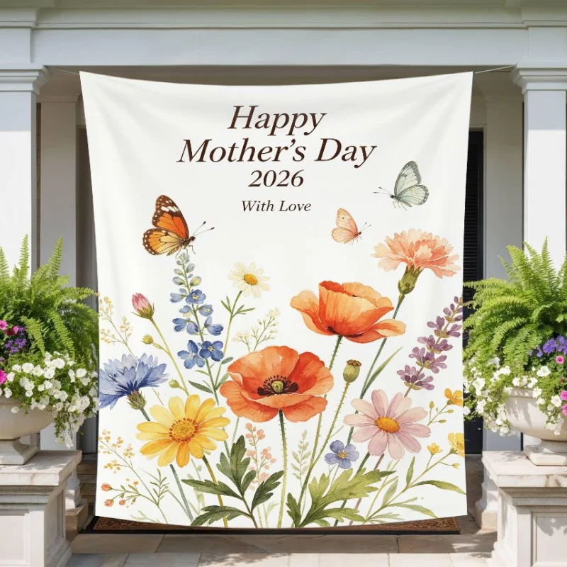 Happy Mother's Day Carnations Lily Wreath Tapestry, Watercolor Polyester Wall Hanging Party Decoration Home Decoration