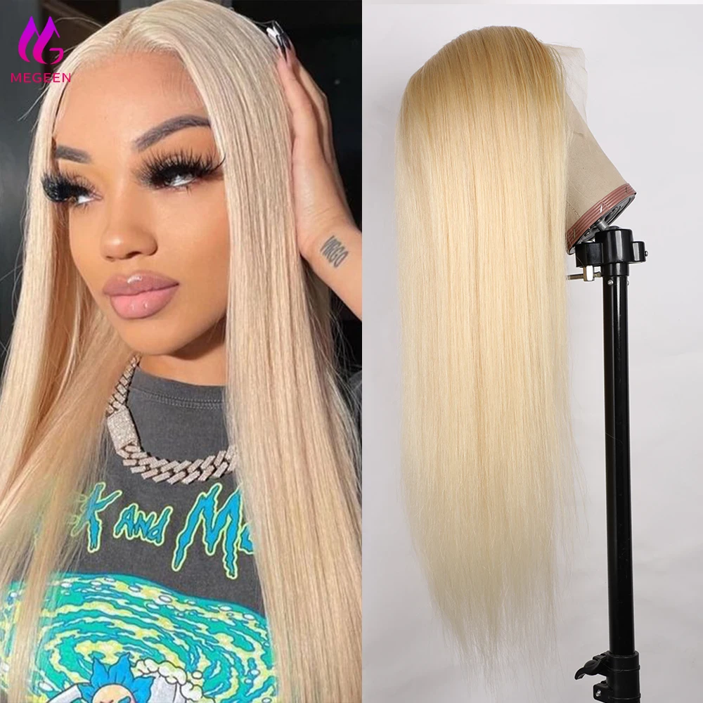 شعر مستعار عذراء ملتف مسبقًا من Megeen ، شعر مستعار بدانتيل أمامي شفاف عالي الدقة ، شعر مستعار أشقر ، 13 × 4 ، شعر بشري ، يمكن صبغه