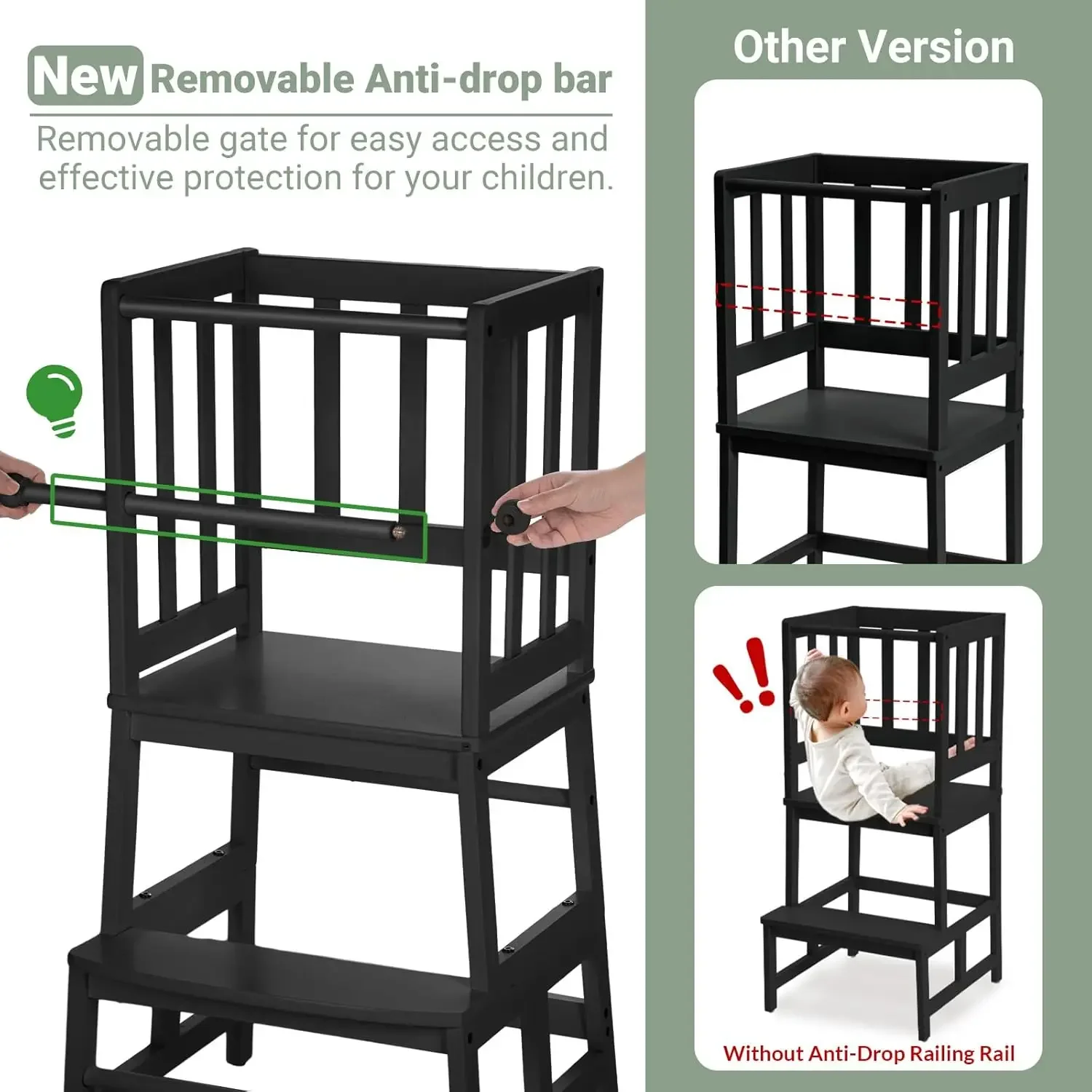 Kids Kitchen Step Stool Helper Baby and Toddler Multi-Function Step up Nursery Helper Stand with Safety Rail in Natural Bamboo,