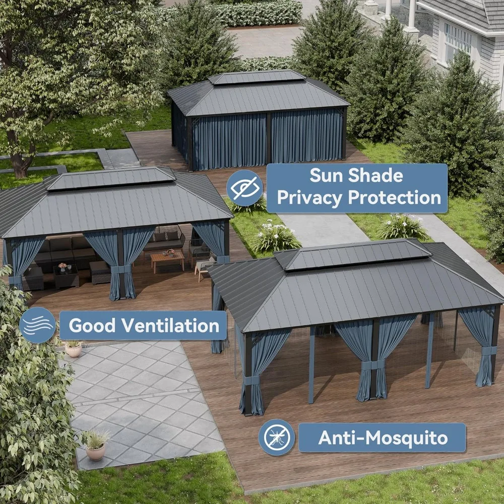 أكشاك ألومنيوم باللون الأزرق الداكن، جناح خارجي دائم مقاس 12 × 20 قدمًا مع سقف مزدوج وشبكة #5