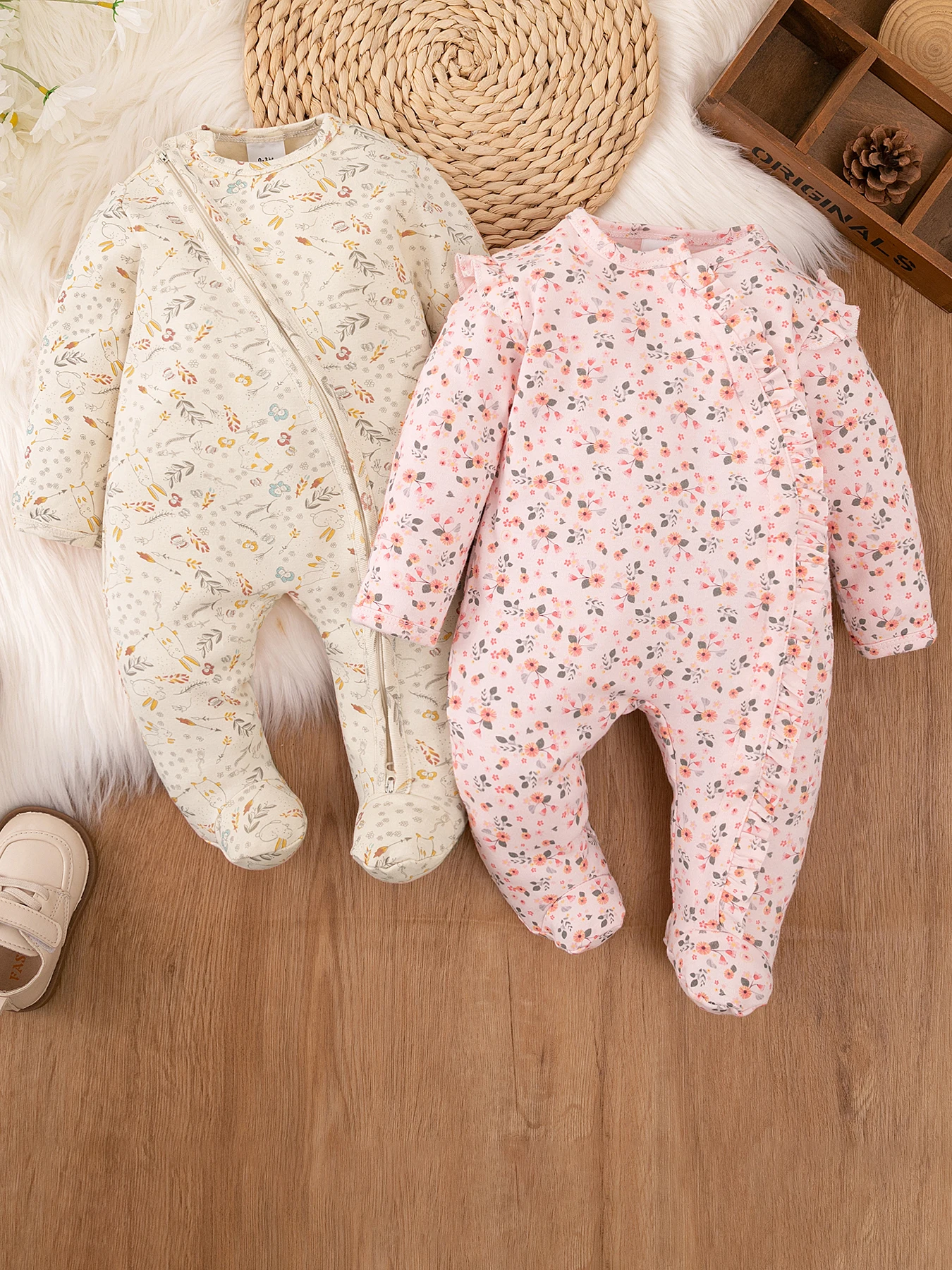 2-Piece Set of Long-Sleeve, Footed Onesies for Baby Girls, Ages 0–1: Adorable All-Over Floral Print Zipper Rompers for Newborns