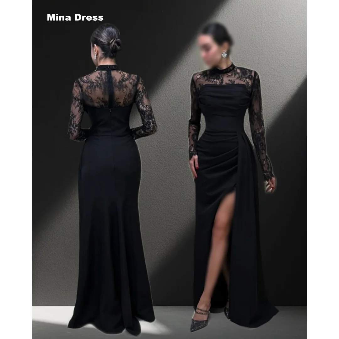 

Mina Customized Black Elegant Party Dresses for Special Occasions Long Sleeves Slit Lace Luxurious Evening Dresses Brands Dress