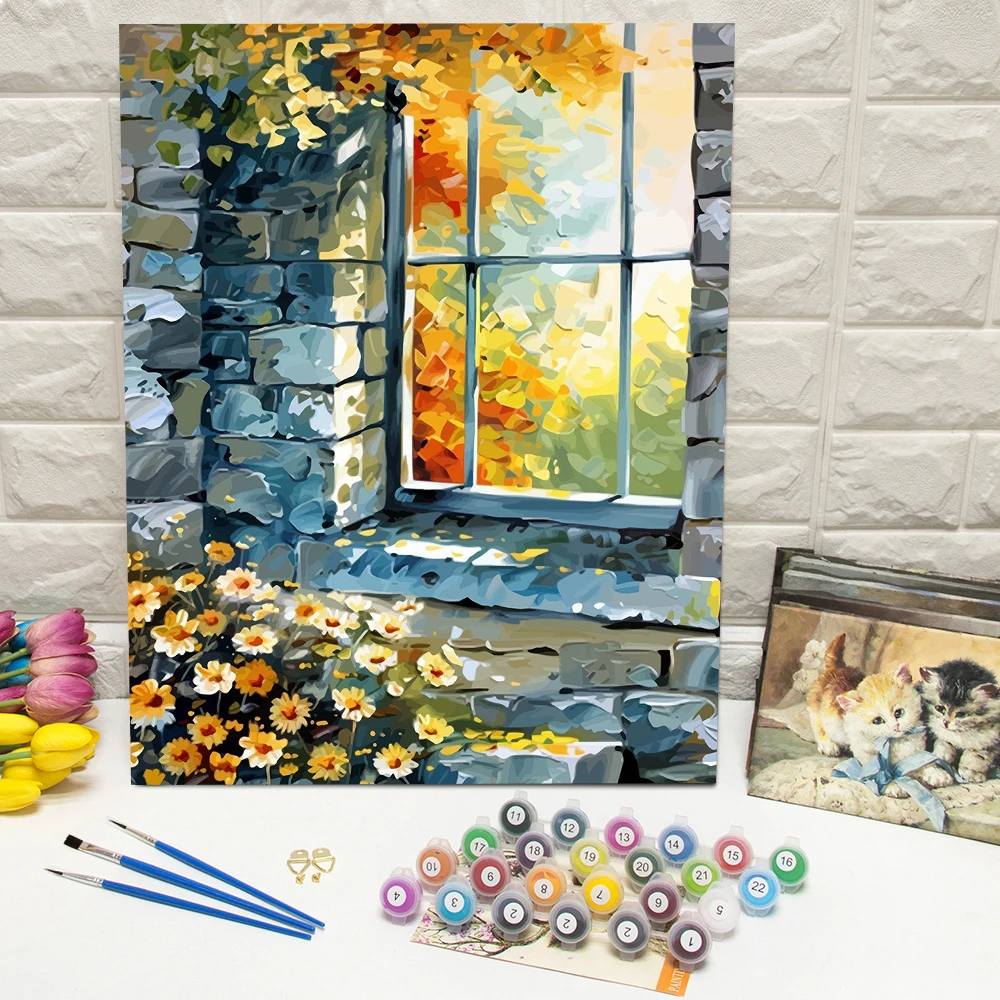 DIY Malen nach Zahlen Fensterlandschaft Kunst und Handwerk Digitales Ölgemälde Blumenbild Artcraft auf Leinwand Weihnachtsgeschenk